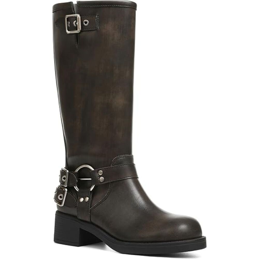 Women's Dark Brown Square Toe Wide Calf Buckles Chunky Metallic Casual Boots